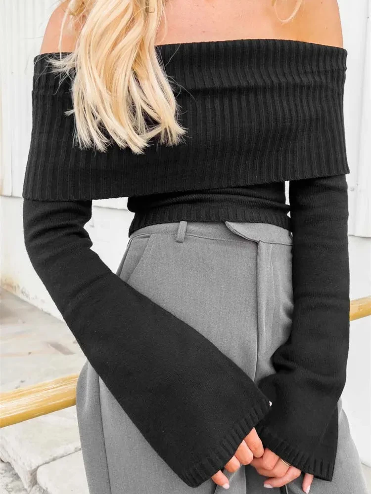 

Women Slash Neck Knitted Sweaters Tops Streetwear Long Sleeve Off Shoulder Ribbed Pullovers Slim Fit Causal Jumpers