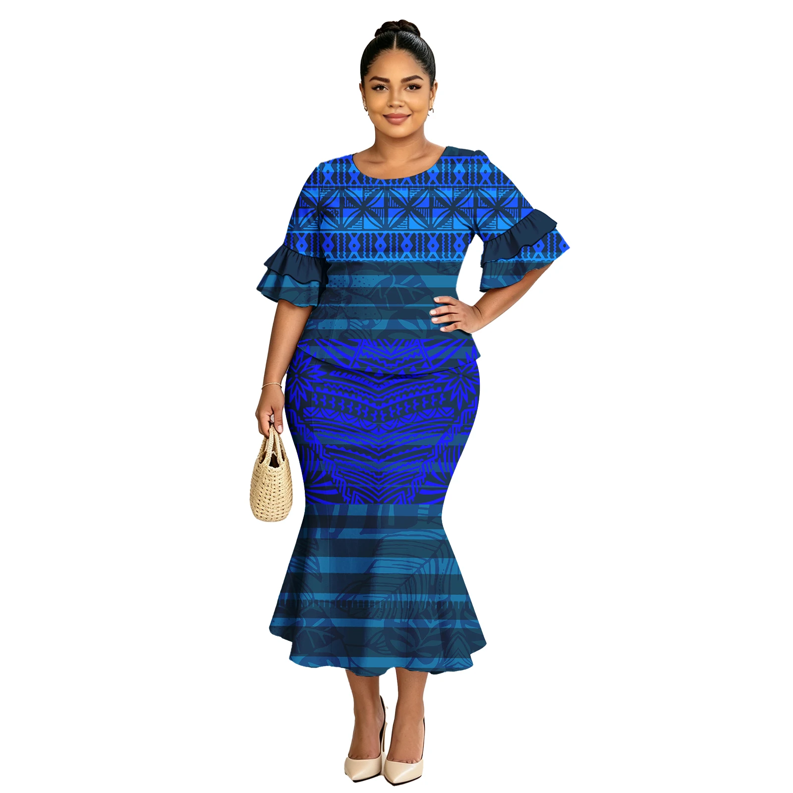 Hot Selling Fashion Ladies Cascading Petal Sleeve Hawaiian Print Dress 2 Piece Set Women Classic Mermaid Skirts Samoan Puletasi