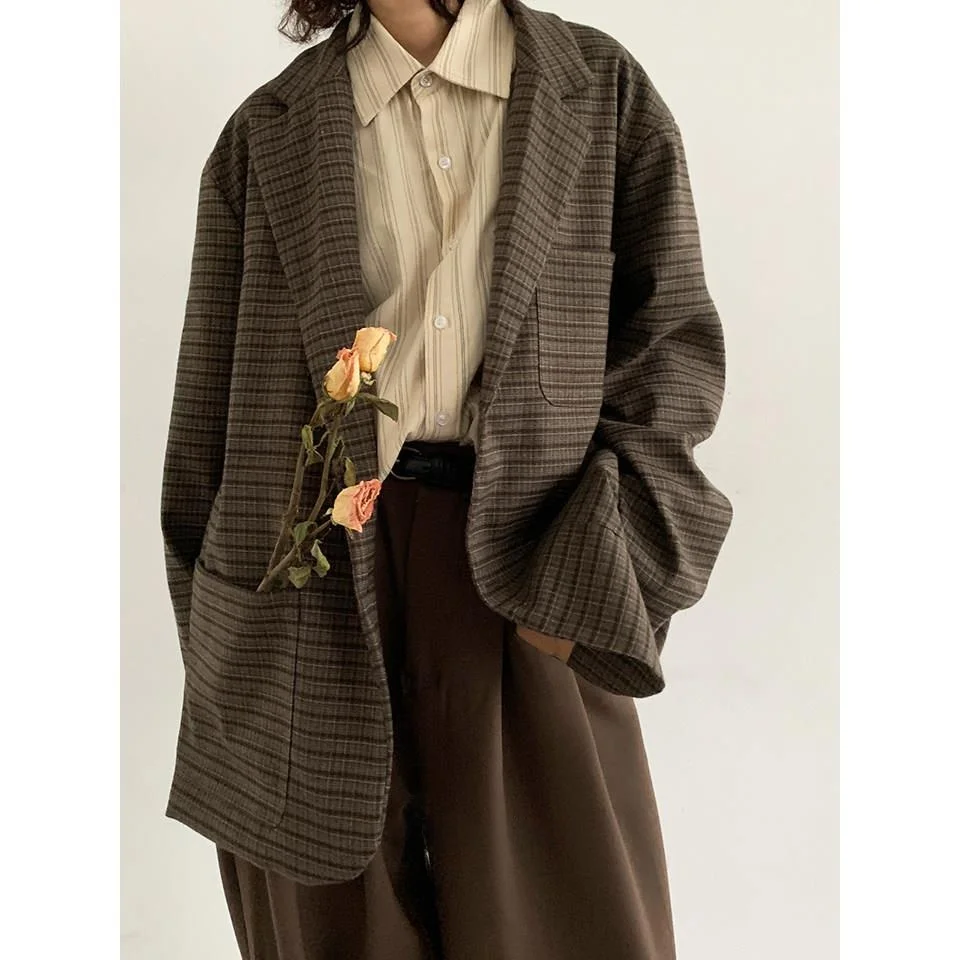 

Loose Men's Small Suit Casual Plaid Jacket Fashion Urban Style Long Sleeve Double Breasted Buttoned Regular Length Autumn Wear