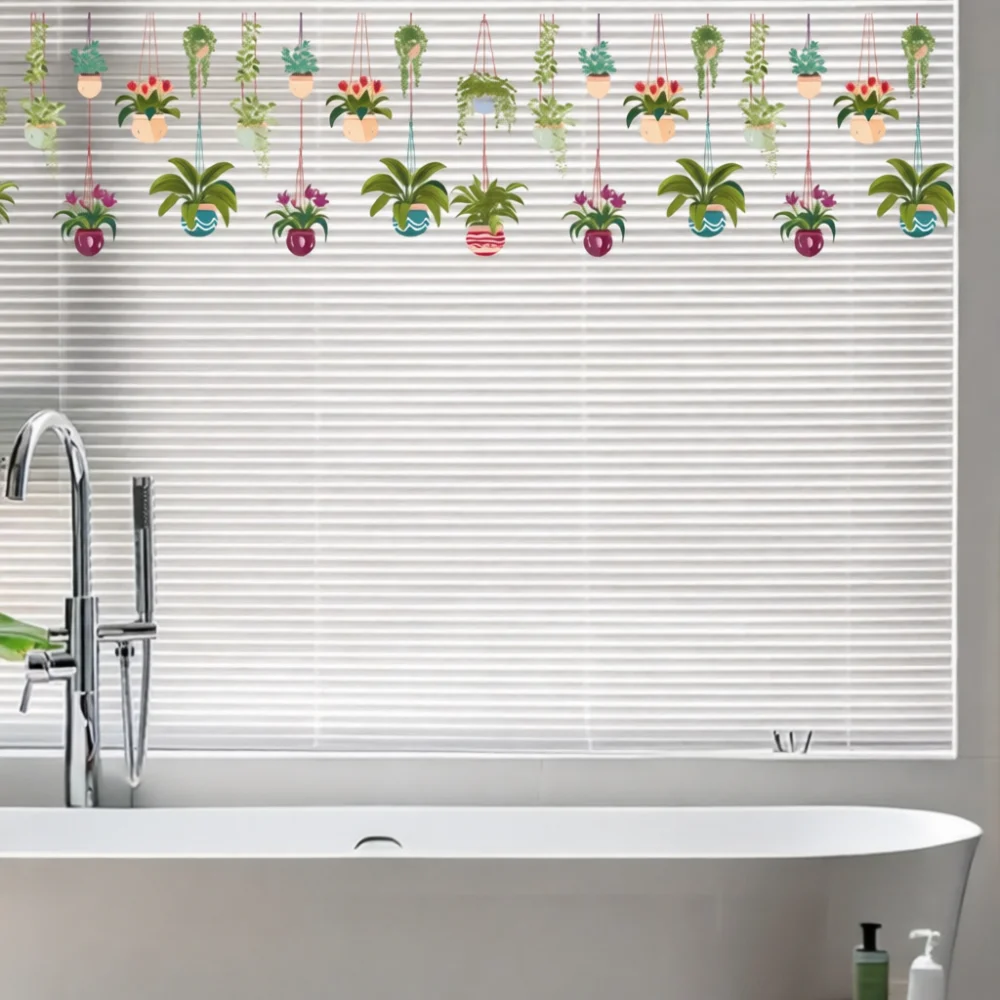 Green Hanging Basket Plant Window Sticker Static Cling Decorative Film Removable Glass Mural For Home Shop Window Decor