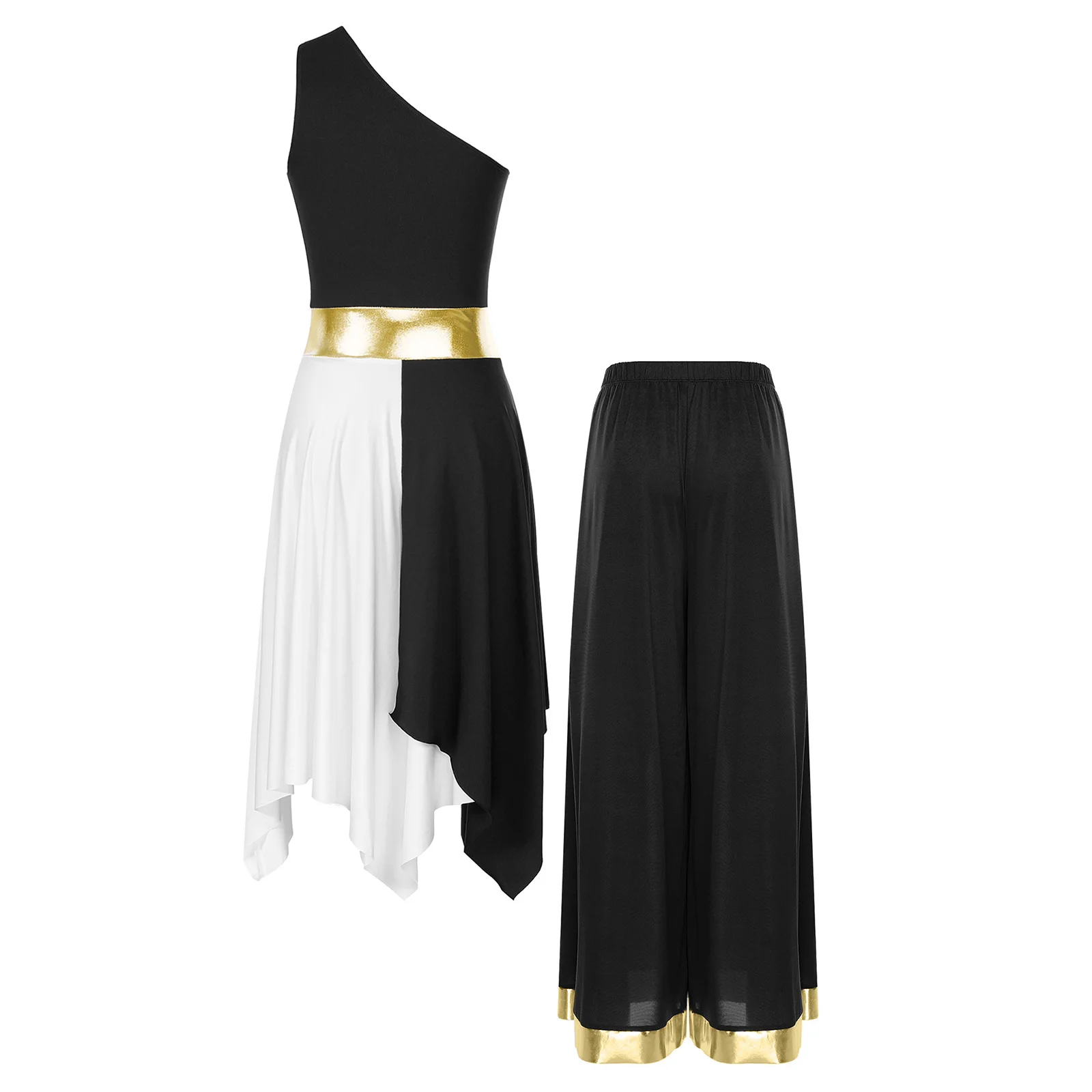 Womens Aanbidding Lof Lyrische Dans Set Een Mouwloze Schouderjurk + Broek 2-delige Dancewear Outfits voor Festival Stage Party