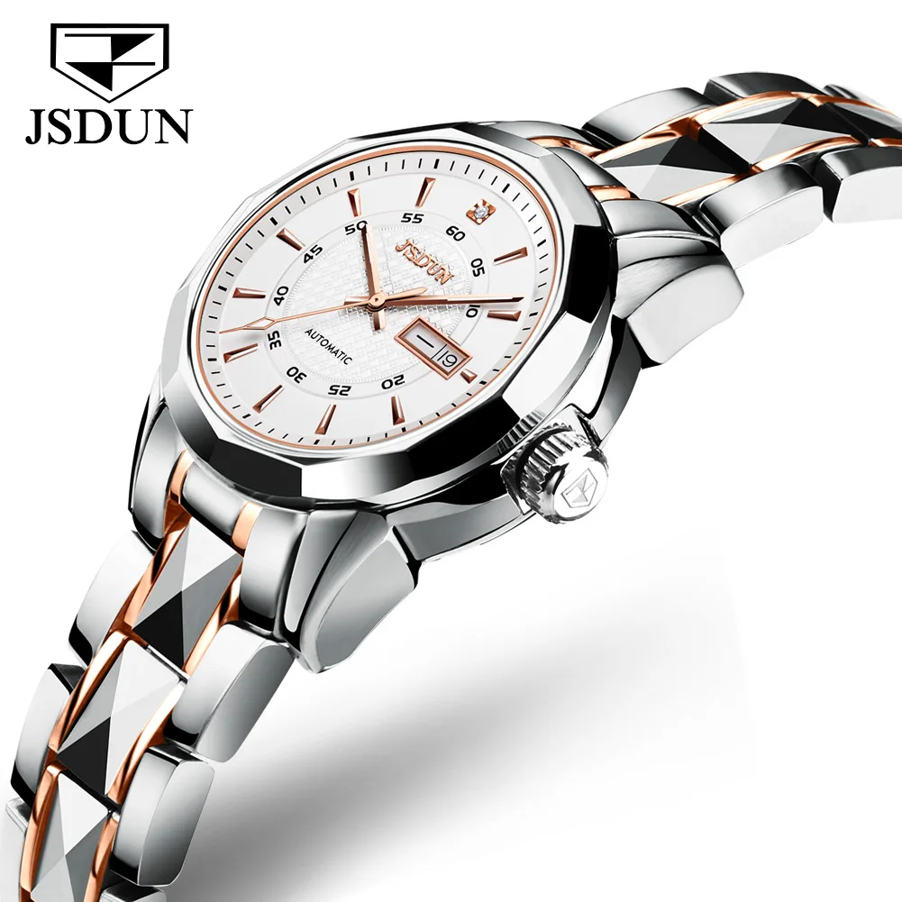 JSDUN 8014 Automatic Mechanical Watch For Women Dual Calendar Tungsten Steel Strap Hand Clock Luxury Elegant Women\'s Watches