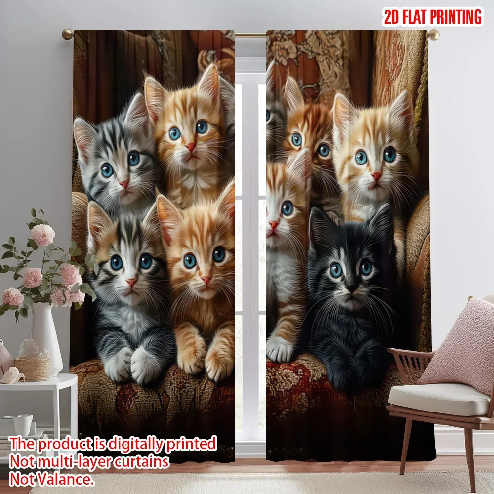 

2D flat printing 2pcs Party Window Curtains Adorable Kittens Group Digital Printed Polyester Drapes Family Party Decoration Use