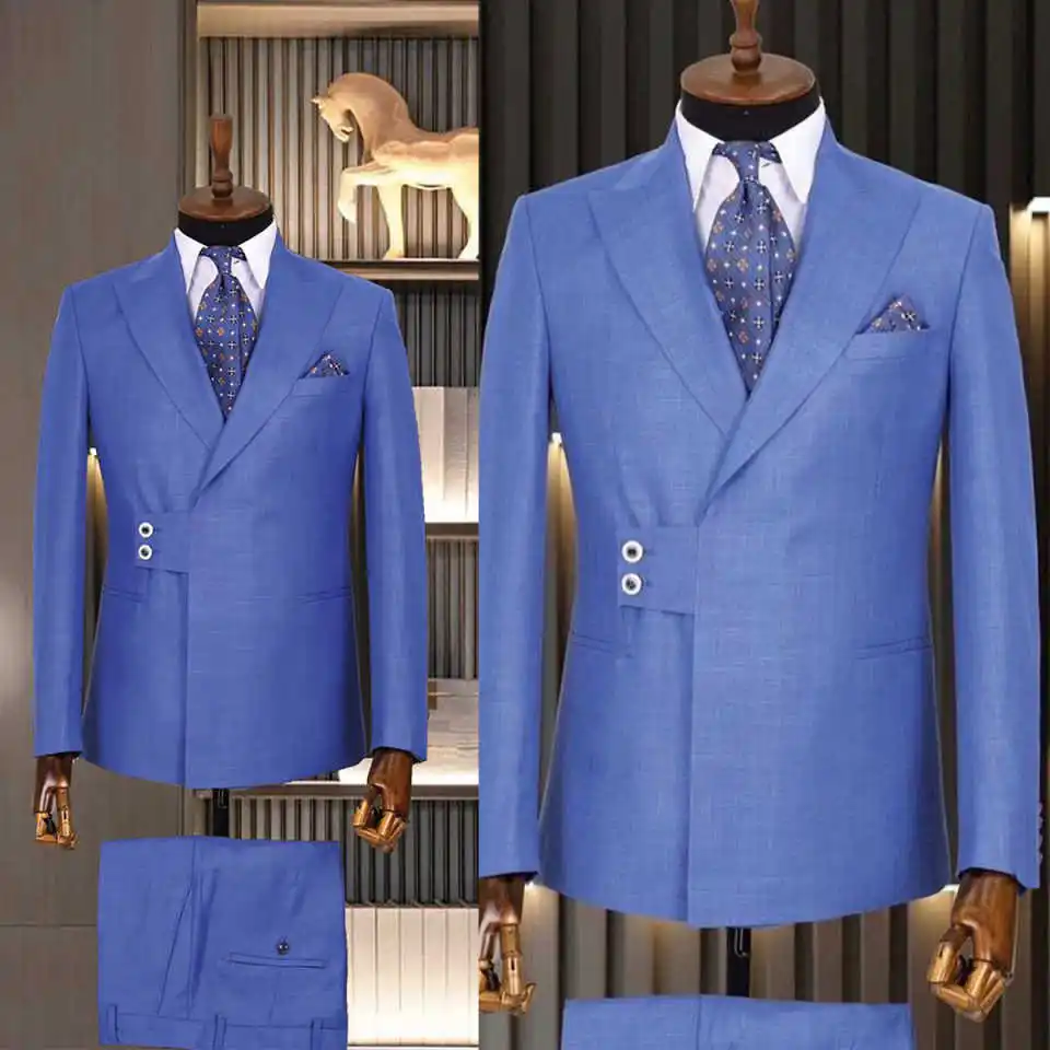 

Classic Men Wedding Suits Peak Lapel Slim Fit Belt Tuxedos Groom Party 2 Pcs Blazer Pants Business Party Customized Suit