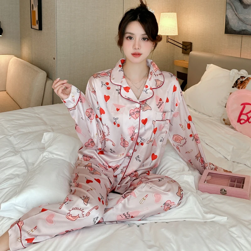 Cherry Pink Heart Sweet Women\'s 2pcs Home Pajamas Korean Ins Style Cartoon Print Sleep Loungewear 2024 New Summer Y2k House Sets