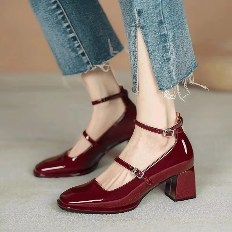 

Red Mary Jane Shoes Heels Women's Shoes Mary Jane 2025 Spring summer New Thick-heeled High-heeled Retro Square Toe Pumps
