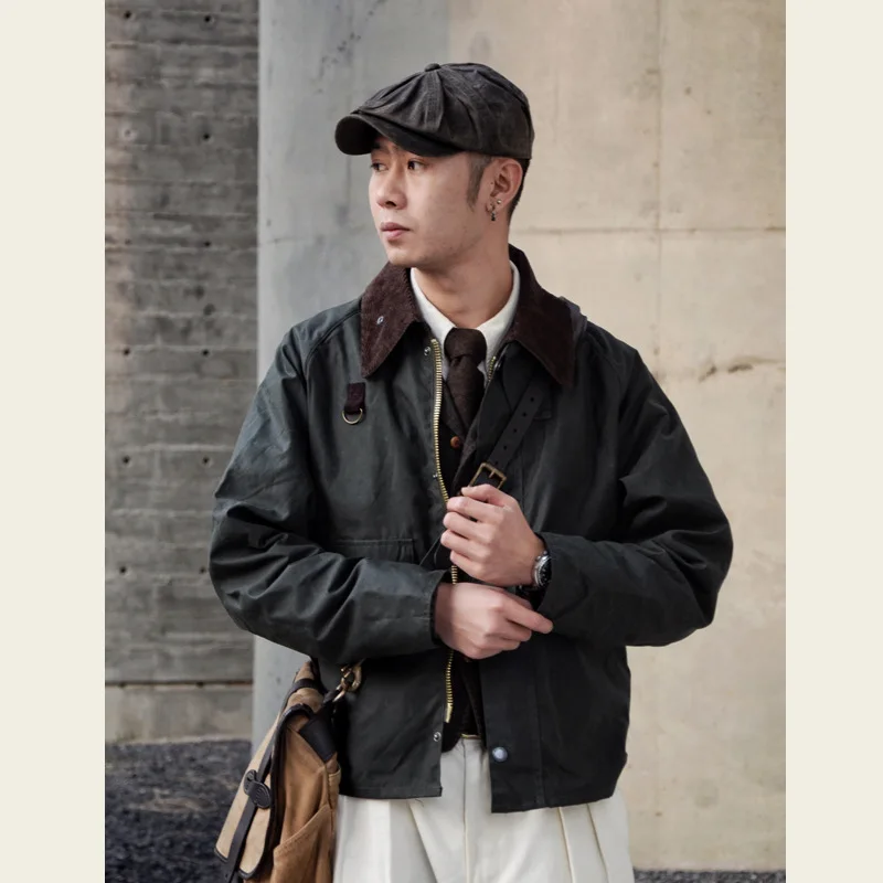 American Vintage Unisex Waxed Hunting Jacket Fly Fishing Coat with Lapel Collar Loose Cropped Oversized Fit Workwear Jacket Men
