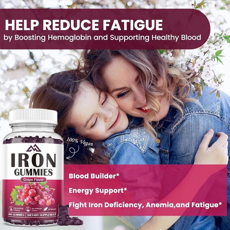 Iron supplements for women and men, containing vitamin C,B12, folate hematopoietic agents, and iron deficiency energy 60 gummies