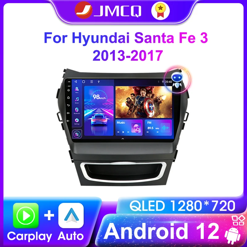 

Автомагнитола JMCQ Carplay 2 Din Android 12, мультимедийный видеоплеер для Hyundai Santa Fe 3 2013-2017, GPS-навигация, стерео приемник