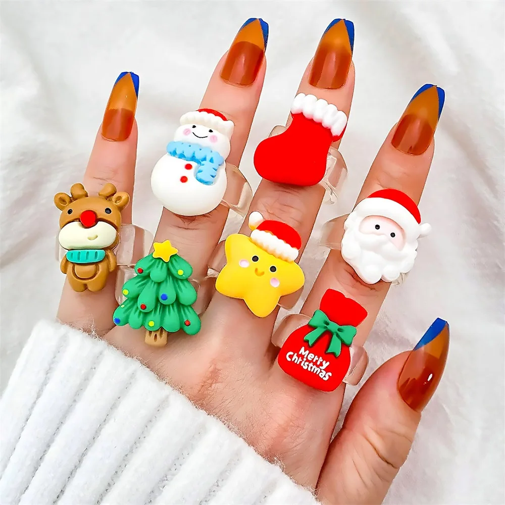 FNIO Cute Resin Christmas Ring for Women Cartoon Santa Claus Christmas Tree Finger Ring Jewelry Girls Party Accessories Friends