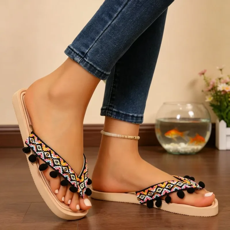 Women Ethnic Embroidery Pom Pom Trim Flip Flops Platform Thong Slip on Open Toe Casual Beach Outdoor Slippers