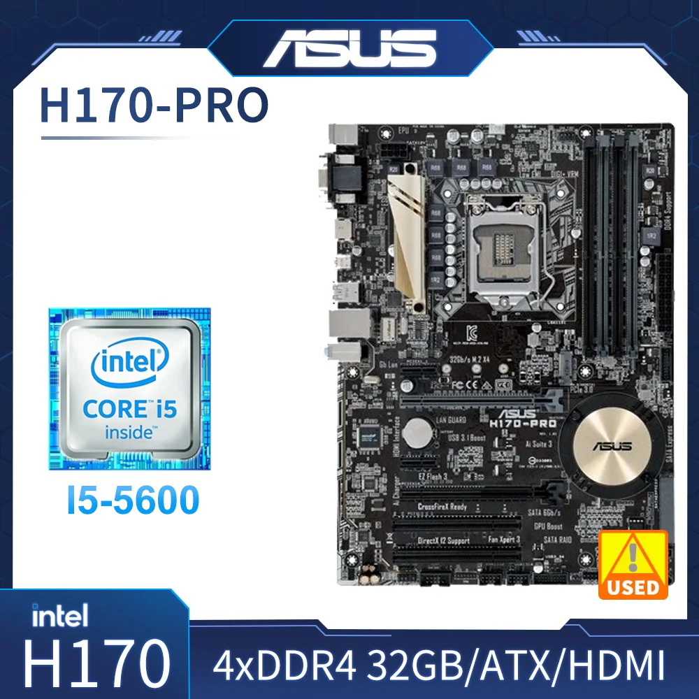

Материнская плата ASUS H170-PRO + комплект процессора i5-6500 Intel H170 LGA 1151 4 × DDR4 64 ГБ M.2 PCI-E 3,0 DVI HDMI ATX