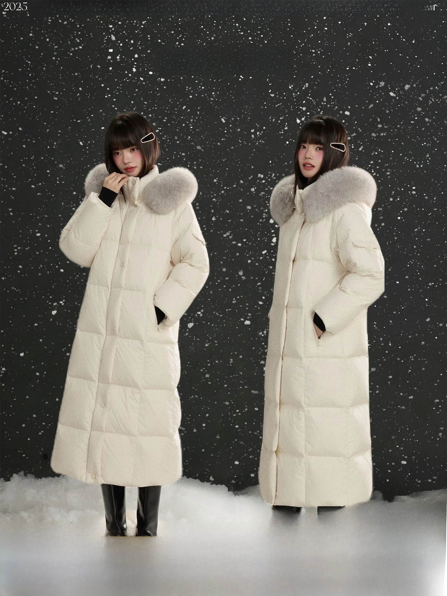 

Thi White Du down Puffer Jaet with Fur Collar Long Hooded Coat Warm Casual Loose Fit Ladies Winter Outerwear