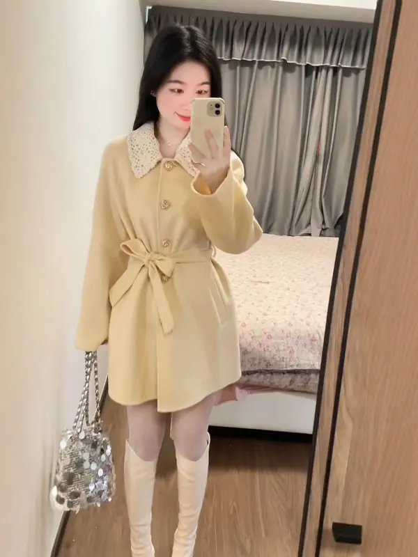 

Зимнее модное пальто с поясом, женское вязаное пальто с длинными рукавами, корейская версия, приталенное, однотонное