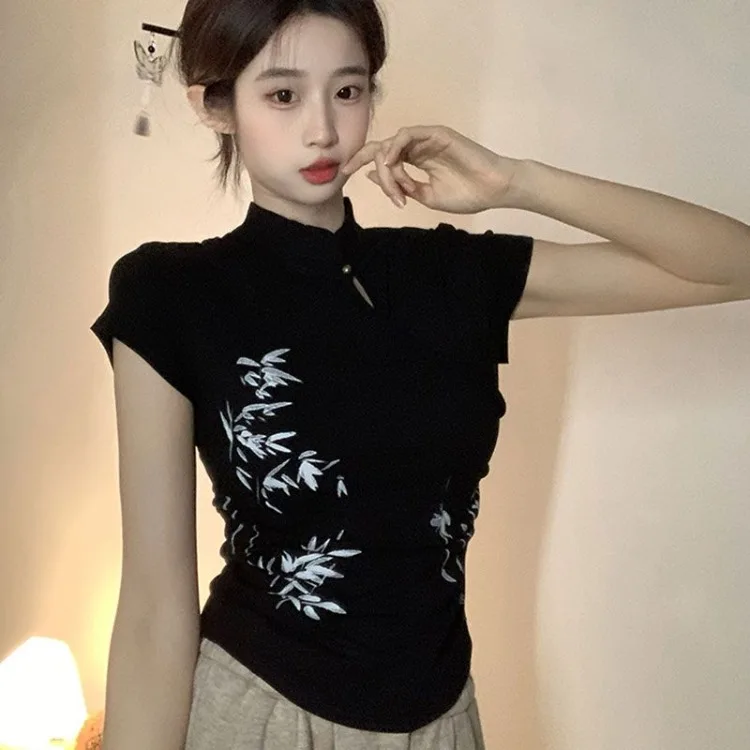 Summer Cotton Short Sleeve Black T-shirts New Chinese Style Stand Collar Tee Shirt Y2k E-Girl Slim Fit All-match Tops Women