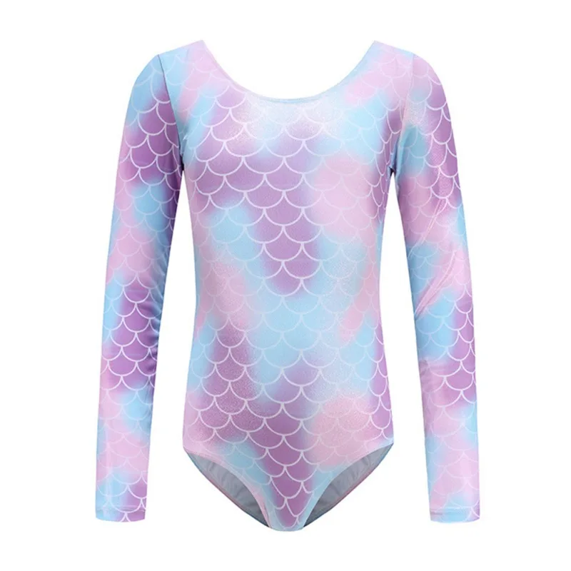 Girls\' One Piece Long Sleeve Slim Ballet Leotards Trendy Gradient Print Round Neck Gymnastics Latin Training Dancewear 4 Colors