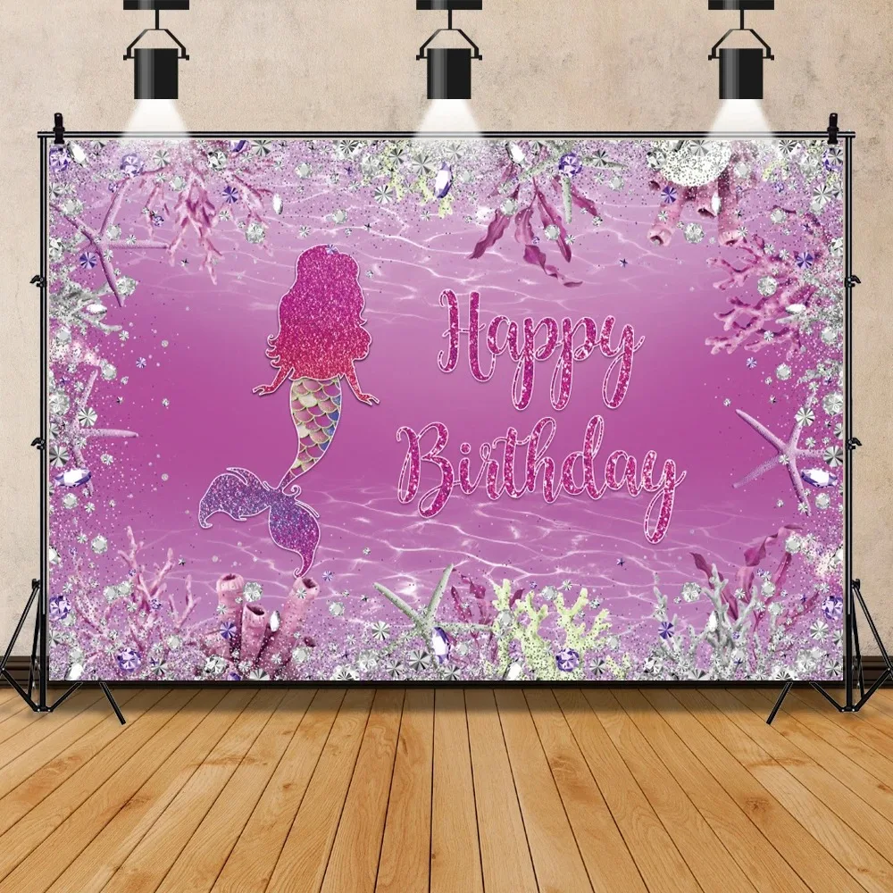 Underwater Mermaid Themed Birthday Banner Photography Backdrop, Children's Girls' Birthday Party Decoration Photography Backdrop