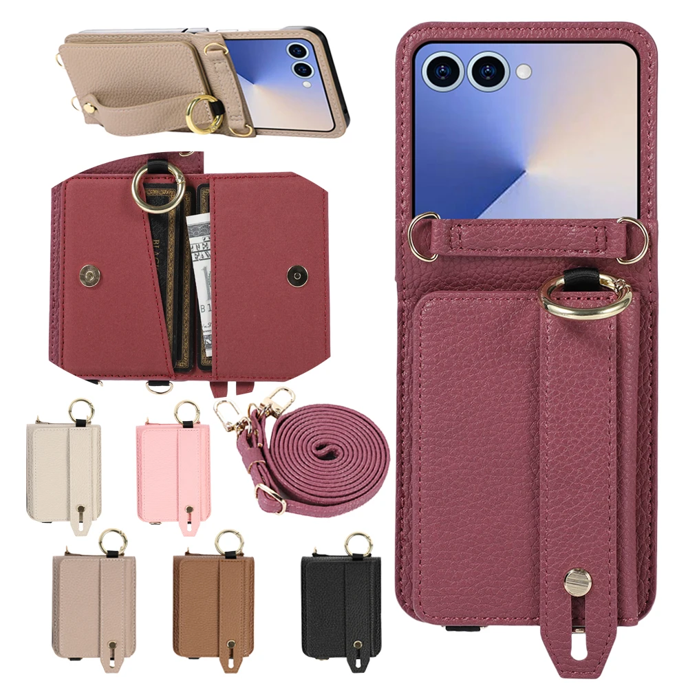 

Crossbody Wallet Phone Case for Samsung Galaxy Z Flip7 FE Flip6 Flip5 Flip4 Flip3 Stand Phone Cover Ring Buckle Wristband Bumper