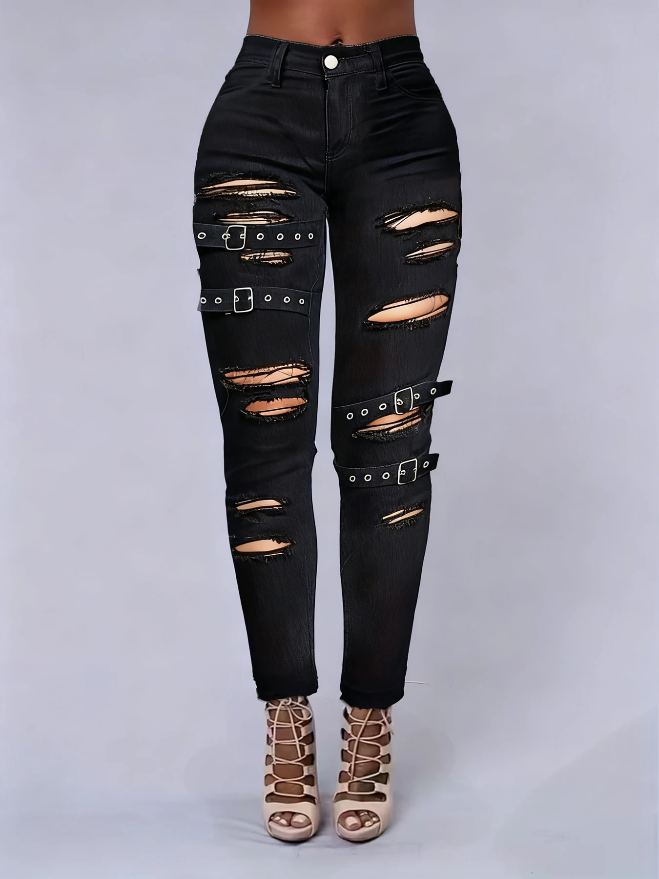 

Plus Size Women's Slim Fit Jeans High Waist Rockabilly Hole with Tie Trendy plus Size Women's Denim Jeans