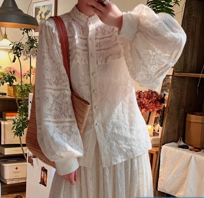 2025 خريف جديد أنيق فرنسي خمر المحكمة فانوس كم الدانتيل قميص مزاجه الوقوف الرقبة الكشكشة طويلة الأكمام لوليتا #3