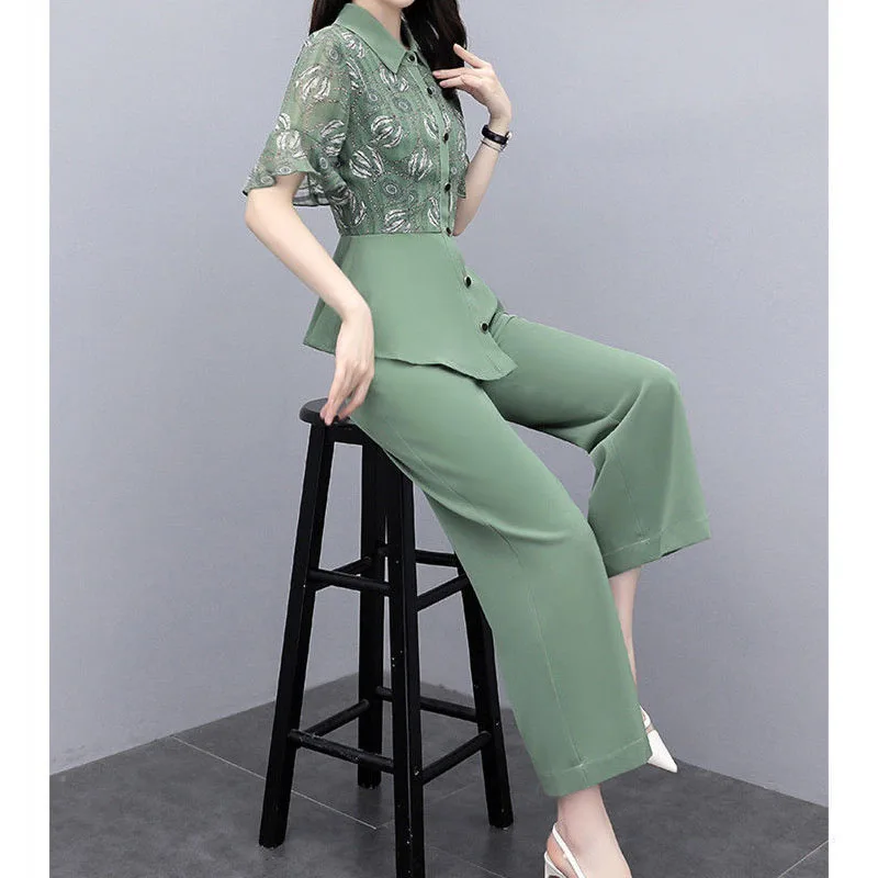 Women\'s 2023 Summer Casual Printing Spliced Blouse Two Piece Set Commute Elegant Fashion Wide Leg Pants Sets Female Clothing