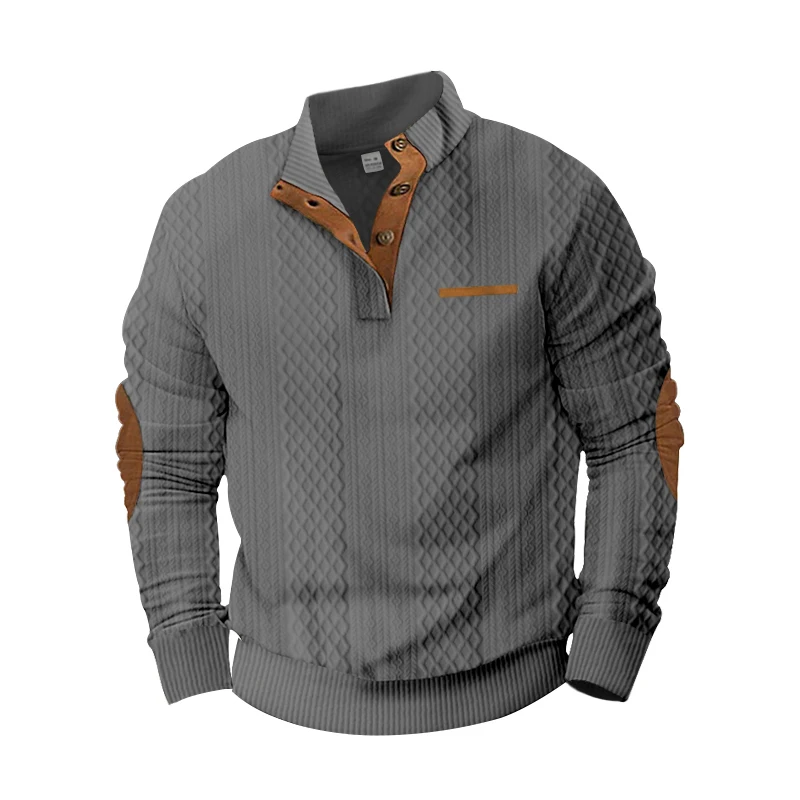 Imagen 6: Suéter de punto texturizado con cuello alto y botones para hombre 2026, top informal de manga larga con parches en los codos, multicolor