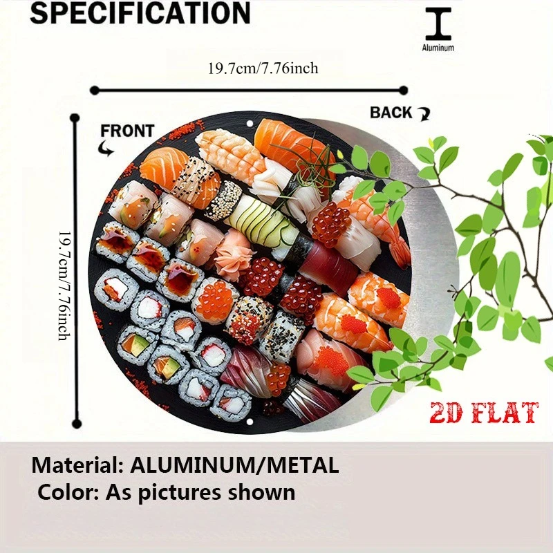 2D Flat 1pc Sushi Round Wall Decor,Japanese Cuisine Aluminum Wall Art,Salmon Round Wall Decor,Rolls Durable Indoor/Outdoor Decor