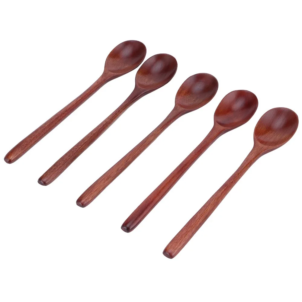 5Pcs Solid Wood Soup Spoon Practical Smooth Polished Cooking Spoon Long Handle Grip Non‑scratch Stirring Spoon Stew Cooking