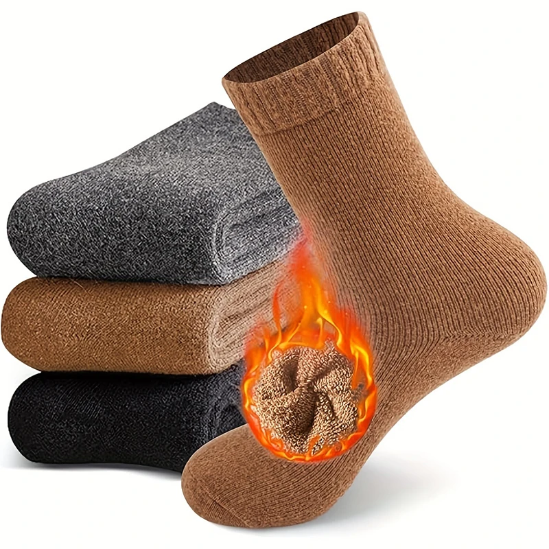 3 Paar Herren Damen Wollsocken Winter Super Dick Thermisch Einfarbig Paarsocken Hochwertige Fleece-Frottee Kälte-Schnee-Warme Wollsocken