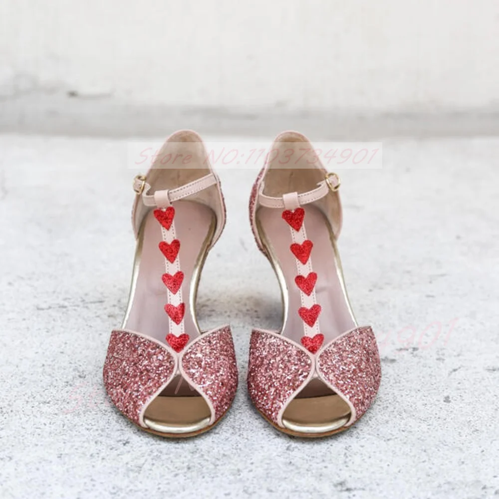 Pink Glitter Heart-Shaped Heeled Sandals Women T-bar Peep Toe Cover Heel Shoes Lady Fashion Party Ankle Strap Shiny Sandals - view 4
