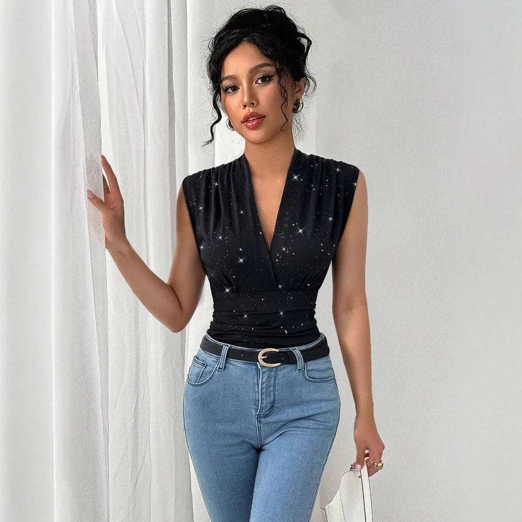 Women Blouse V Neck Sleeveless Black Blouses Sequin Star Print Slim Fit Short Length Top Cropped Wrap Front Shiny Elegant Tops