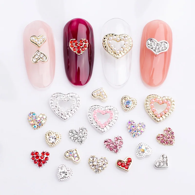 10Pcs Valentine's Day Nail Art Jewelry Shining Crystal Pearl Alloy Rhinestones For Acrylic Nails Luxury Diamond Nail Charms