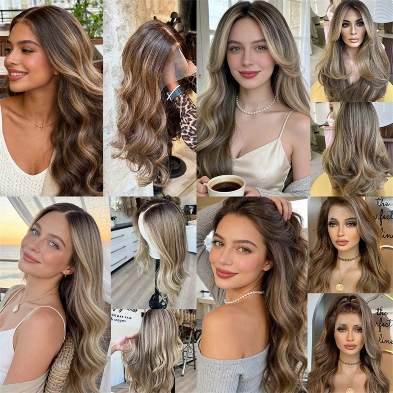 

Party Daily Cosplay Wigs Ombre Brown Blonde Synthetic HD Lace Front Wig Highlight Chestnut Brown Cosplay Wigs Human Hair Like