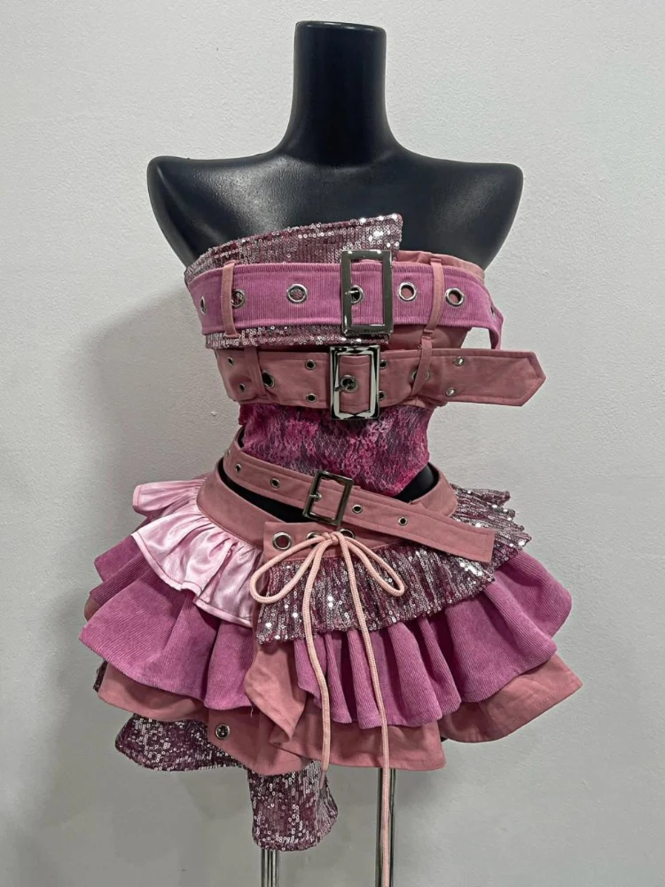 Set da 2 pezzi donna stile punk anni 2000 top senza spalline eleganti estetici + gonna a volant a vita alta abiti popolari coreani chic femminili