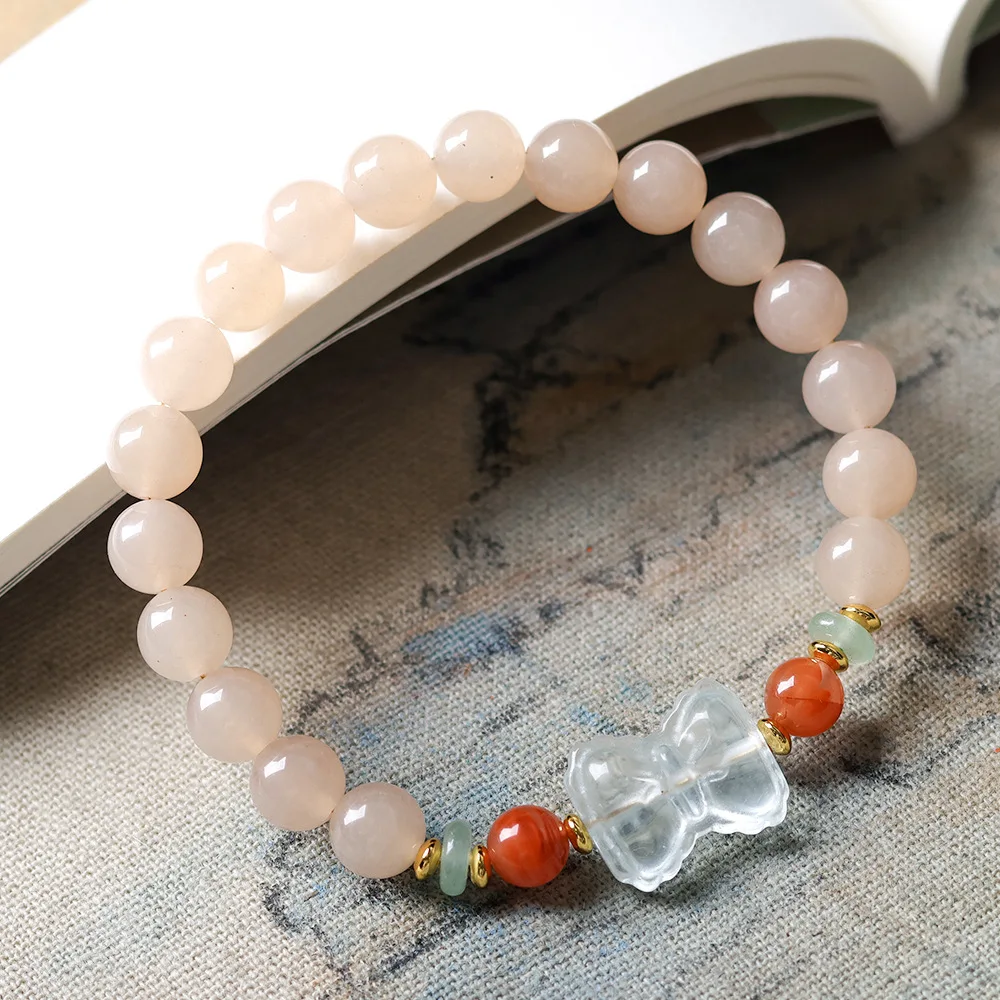 Original PinkChalcedony NewChinese Style Single-Strand Bracelet with Bow Knot South Red AgateFresh and DelicateBracelet forWomen