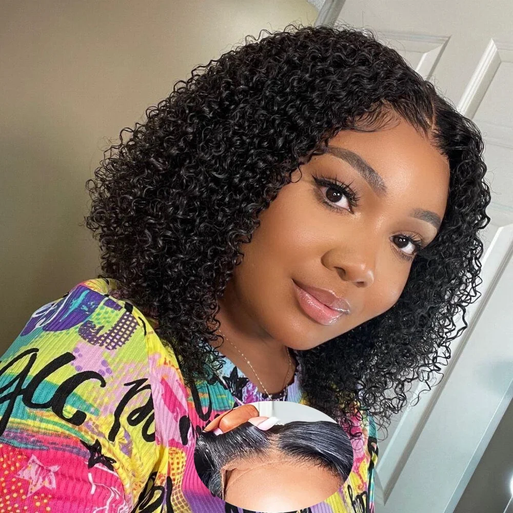 

Бесшовные парики из натуральных волос с кудрями Kinky Curly для женщин, готовые к носке, с предварительно нарезанным кружевным фронтом 4x4, кудрявые парики-каре из бразильских волос, 10-16 дюймов