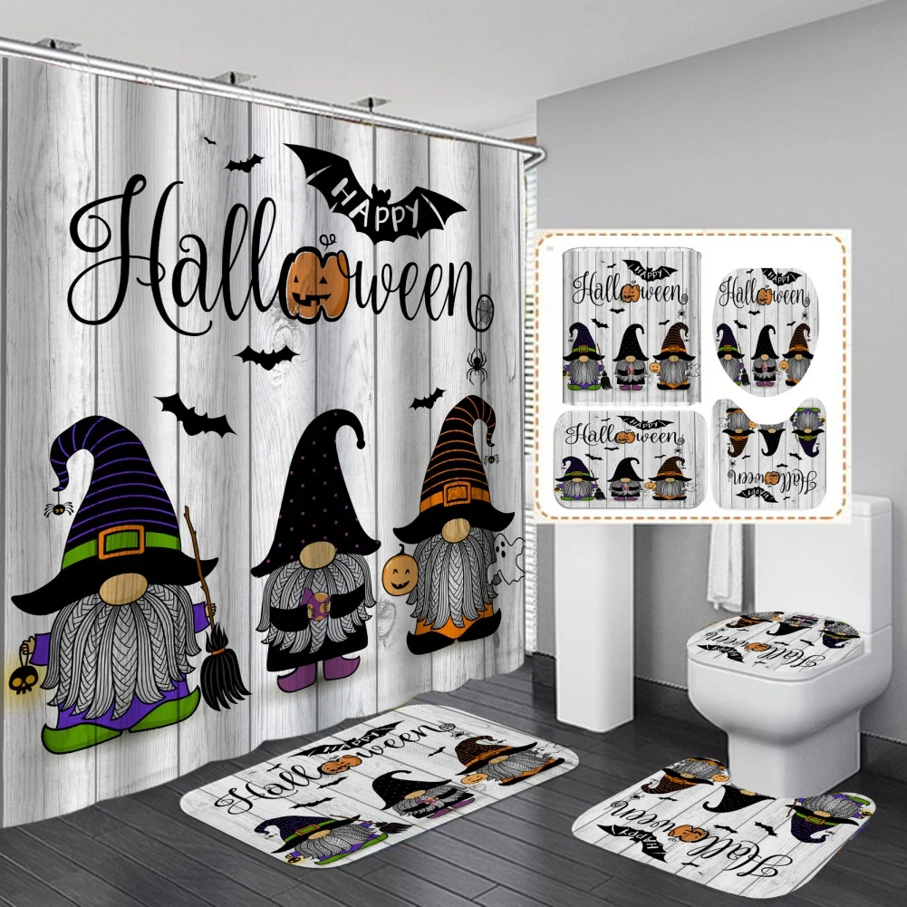 Halloween Shower Curtain Set 4PCS with Toilet Lid Cover Bath Area Mat Toilet Lid Cover Haunted House Horror Bathroom Decor