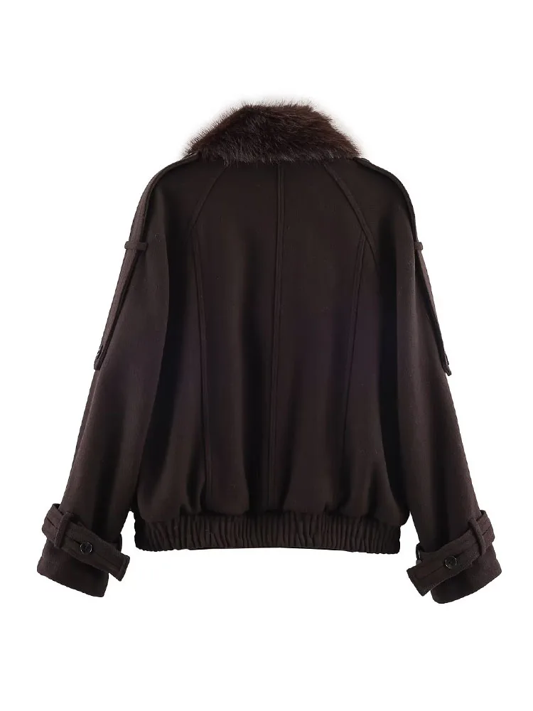 

HH Female High Street Jackets Solid Fur Turn-Down Collar Long Sleeves Pocket Double Breasted Woman's Spring New Fashion Coats
