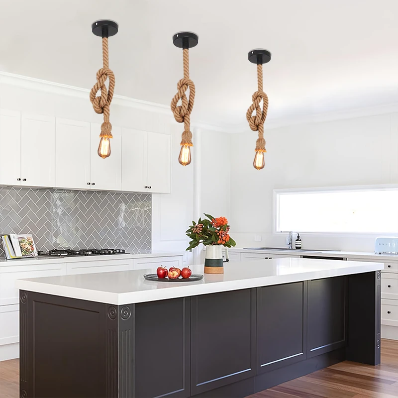 الريفية الرجعية حبل القنب الاستوائي E27 قلادة ضوء مطعم المطبخ منصة مشروبات الممر السرير تركيبات إضاءة الحمام