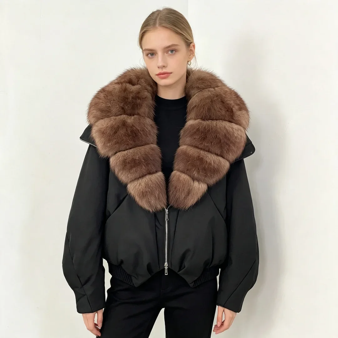 OFTBUY Daunen-Bomberjacke Neue Luxus-Waschbärpelz-Pufferjacke Damen Großer Echter Fuchspelzkragen Daunenjacke für Frauen – Detail 8