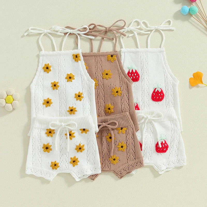 

Baby Girl Summer Outfits Daisy/Strawberry Embroidery Sleeveless Tie-Up Spaghetti Strap Knit Romper Shorts 2Pcs Clothes Set