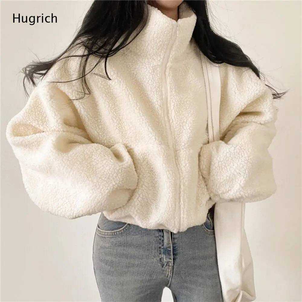 Women Gray Fleece Jacket Full Zip Stand Collar Casual Loose Fit Teddy Coat with Long Sleeves for Fall Winter view 4