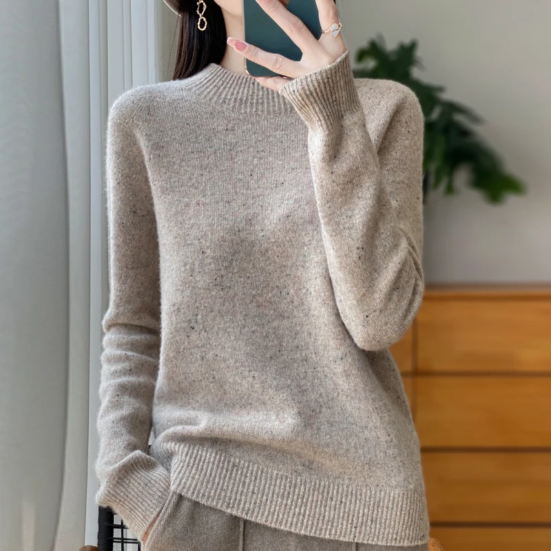 Thickened Women\'s 100% Merino Wool Semi-high Neck Pullover Warm Sweater In Autumn and Winter Women\'s Long-sleeved Knit Top