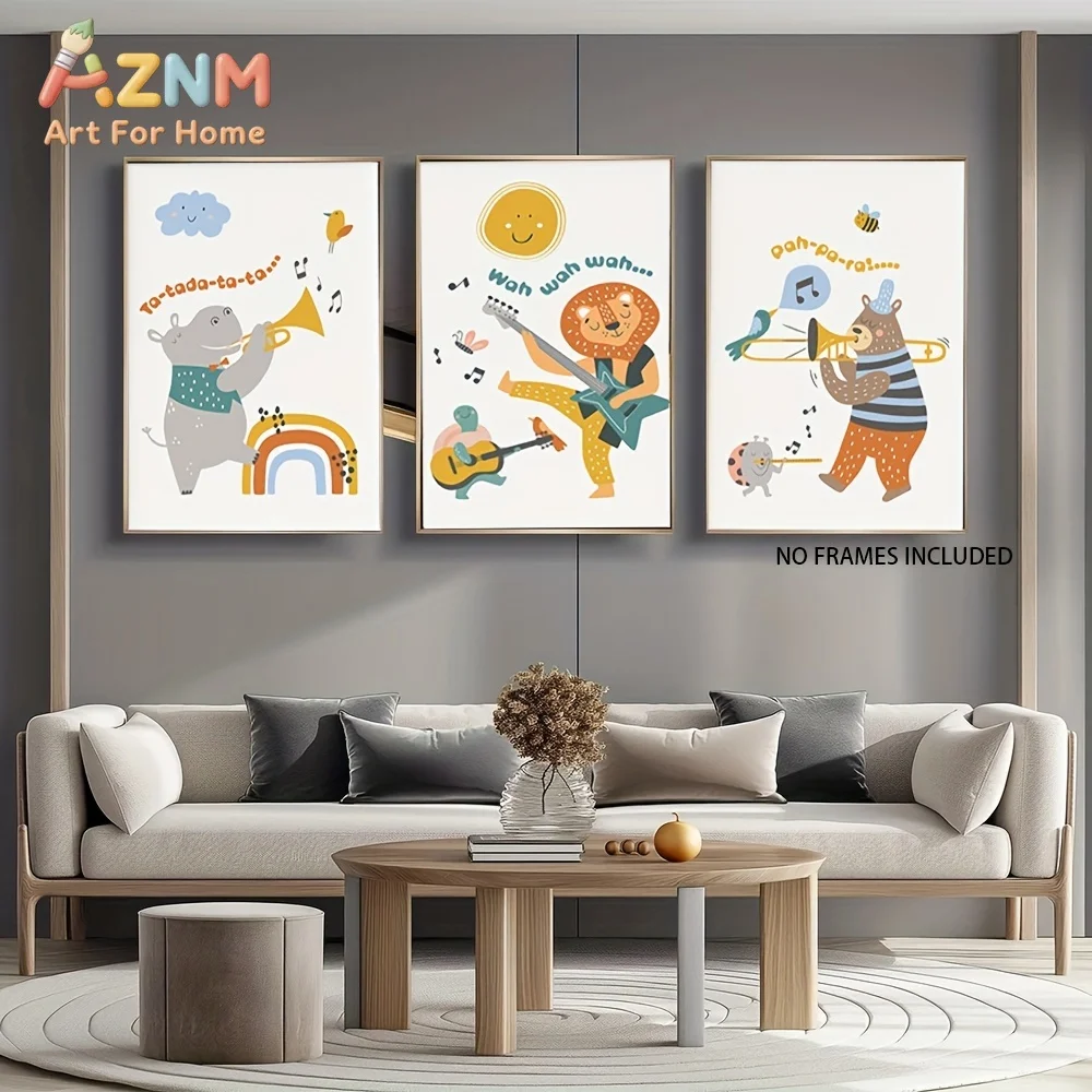 AZNM Music Band Animal Canvas Wall Art Hippo Lion Bear Insect Rainbow Frameless Canvas Painting Nursery Kids Room Home Decor Pos