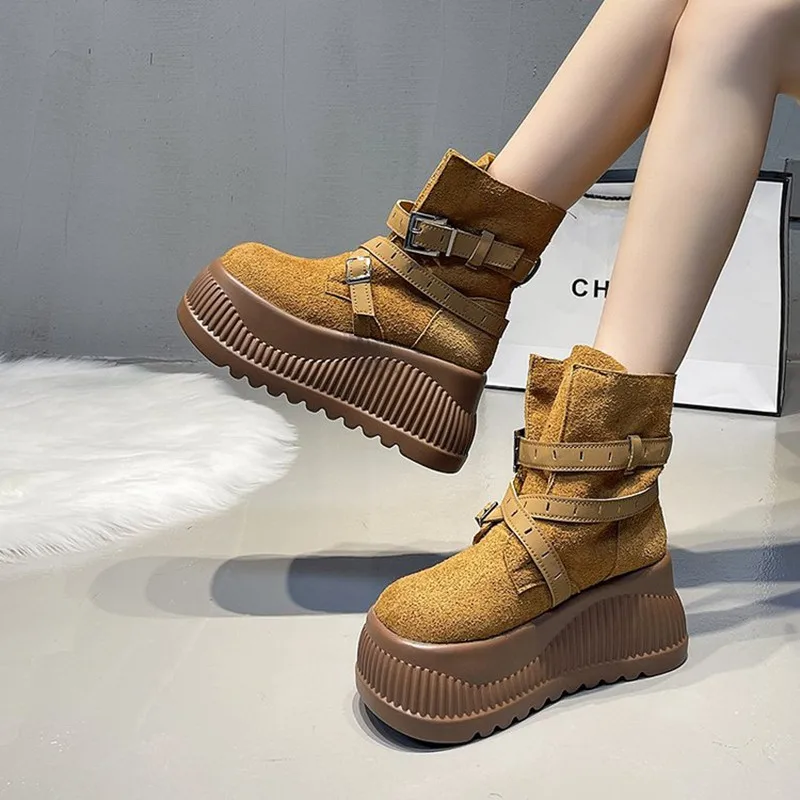 جديد الموضة النسائية الكلاسيكية عادية منتصف العجل الأحذية الجلدية الأحذية امرأة سميكة وحيد جولة تو كعب مربع فارس أحذية بوت قصيرة امرأة #5