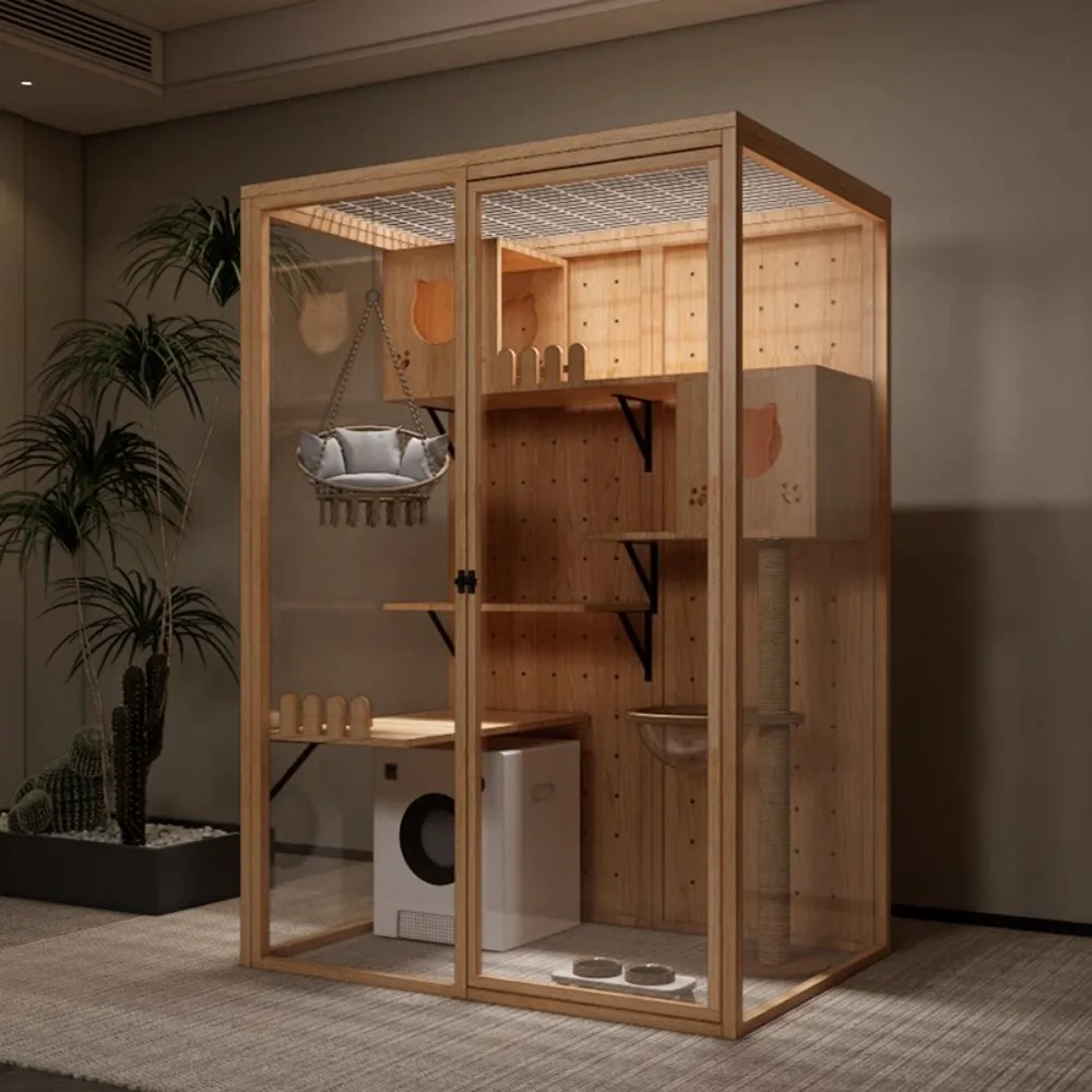 Large Wooden Pet Villa Panoramic Glass Cat House Home Luxury Cage Indoor Custom Animal Cattery Nest Pet Furniture For Living