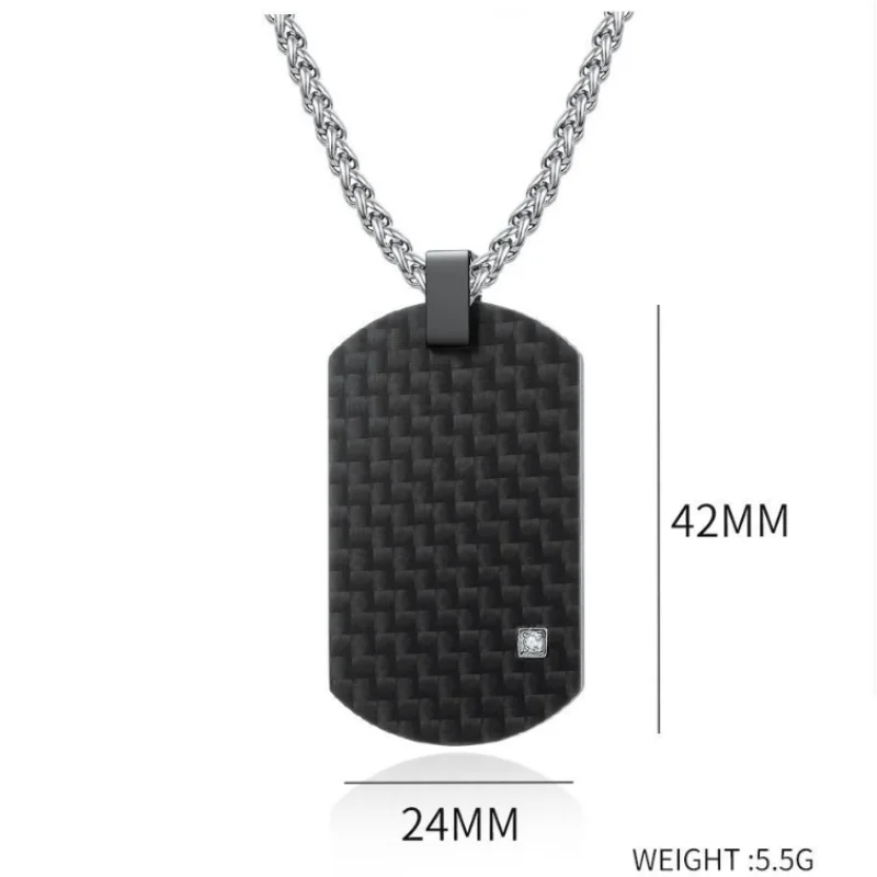 Custom Black Pure Carbon Fiber Dogtag Pendant Cz Stone Inlay With Stainless Steel Cuban Chain Necklace  no price difference