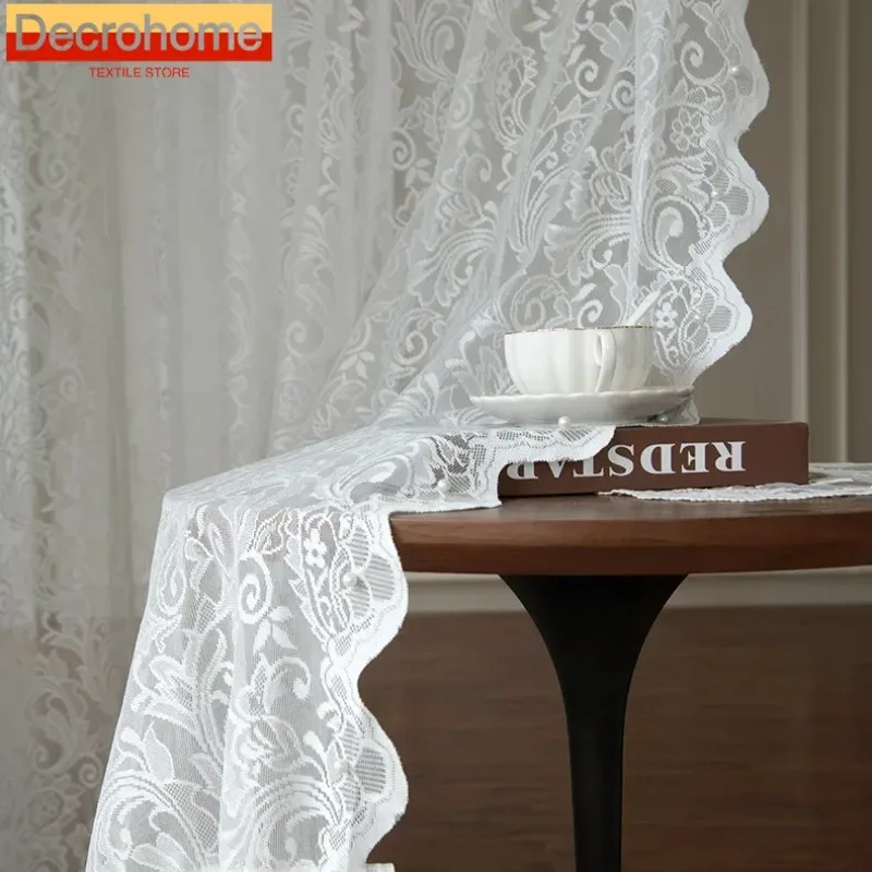 1PC Embroidery White Lace Tulle Curtains for Living Room Bedroom Bead Wave Yarn Transparent Chiffon Balcony Guaze Window