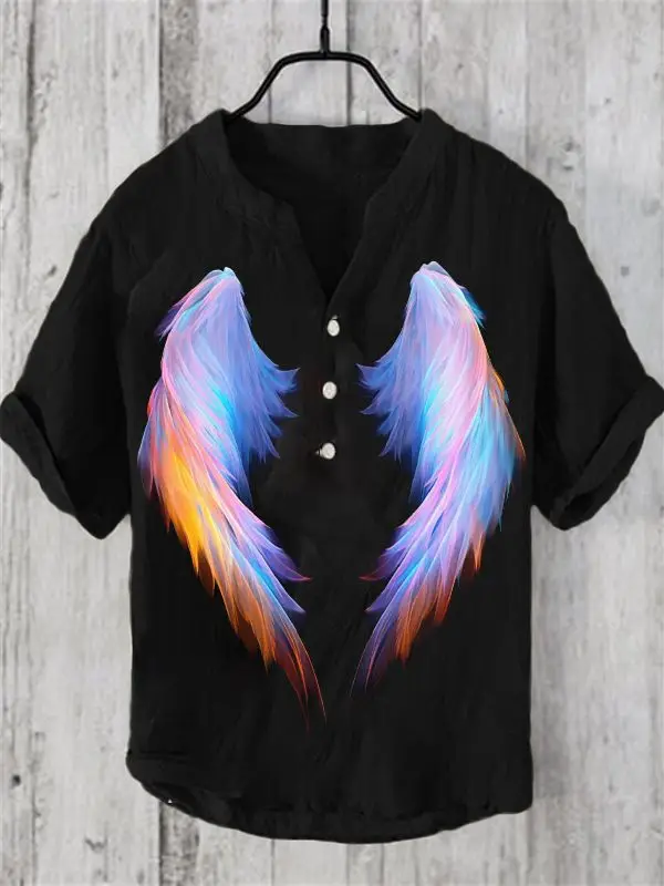 

2024 New Angel Wings Art Printed Pattern Retro Linen Short sleeved Shirt European and American Popular Style