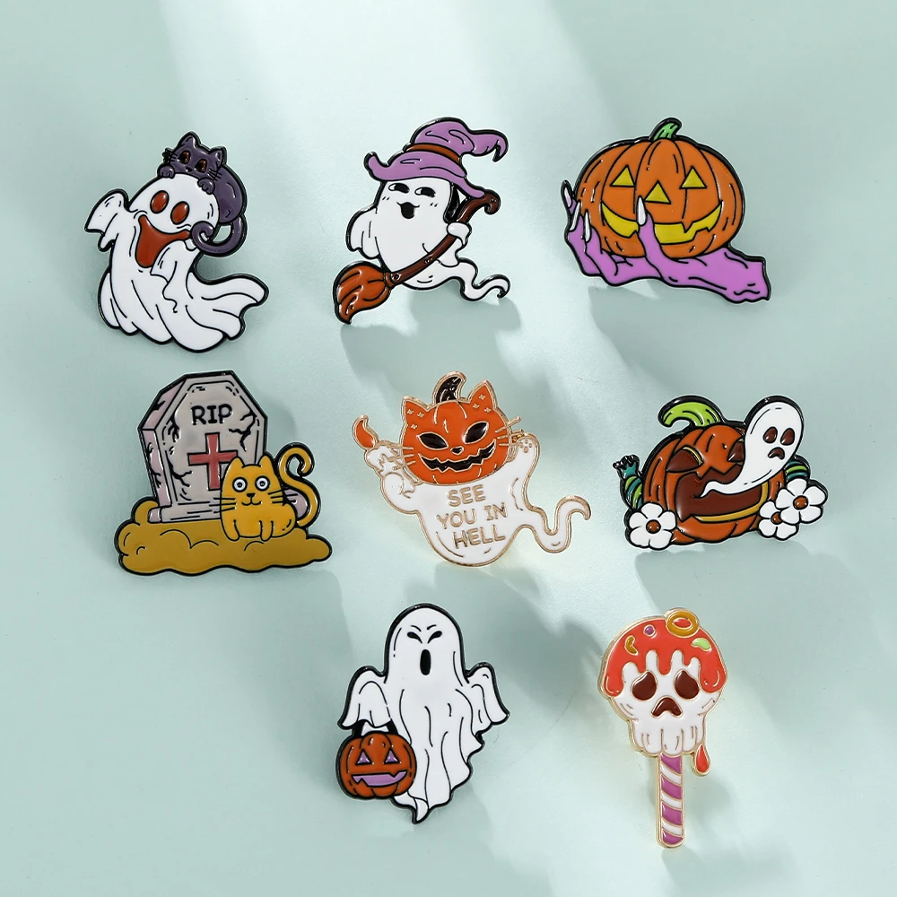 New Creative Halloween Theme Enamel Pins Pretty Pumpkin Cat Ghost Skull Lollipop See You In Hell Brooches Jewelry Wholesale